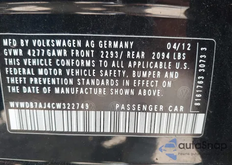 2012 Volkswagen Golf 2.5L 4-Door из США, поврежденный, VIN WVWDB7AJ4CW322749